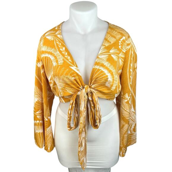 Cider Tops - Cider Women's Yellow Bell Long Sleeve Tie Front V Neck Crop Blouse Top Size 1XL